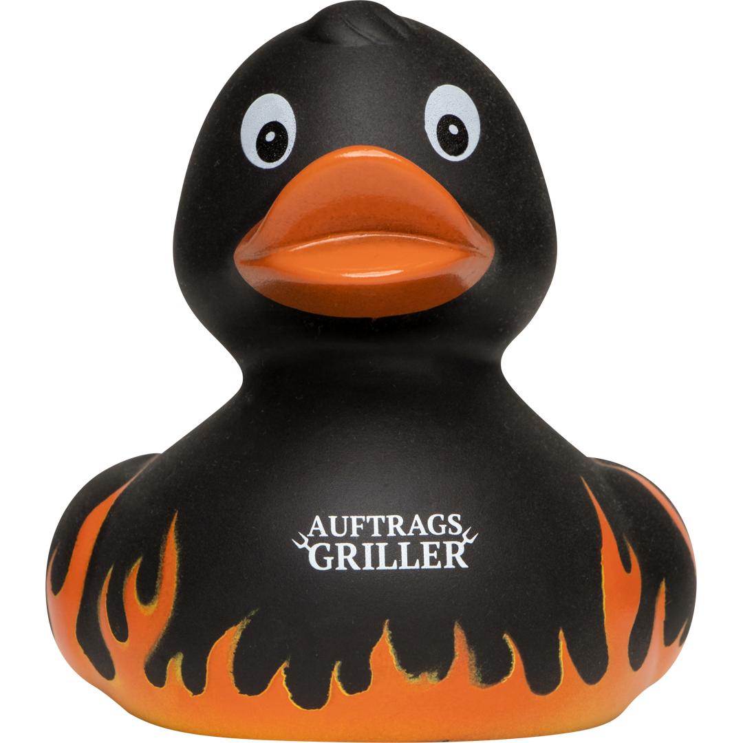 M181002 Schwarz - Quietsche-Ente Flammen mit Slogan Auftragsgriller - mbw