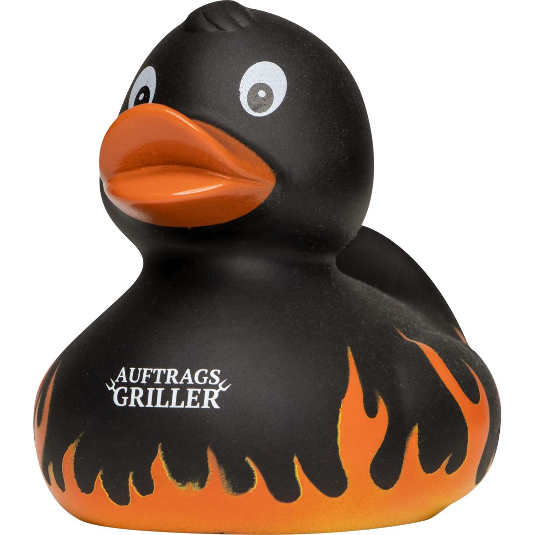 M181002 Schwarz - Quietsche-Ente Flammen mit Slogan Auftragsgriller - mbw