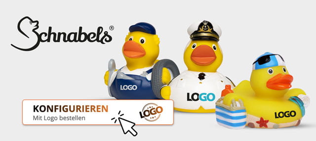 Mit logo bedruckte Quietscheenten